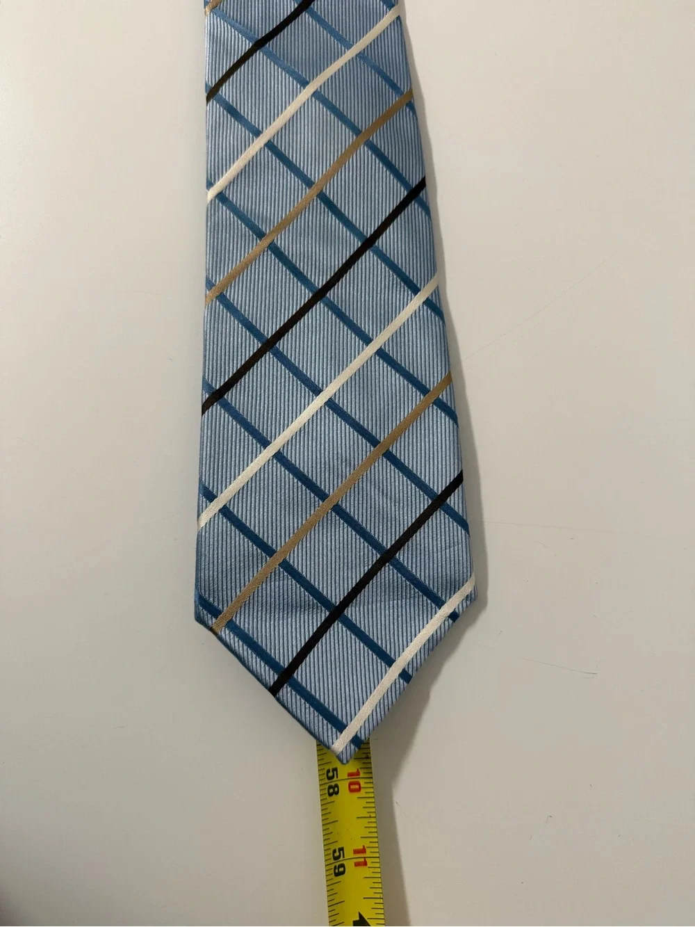 Light Blue Plaid Men's Tie‎ with Navy and Gold Accent